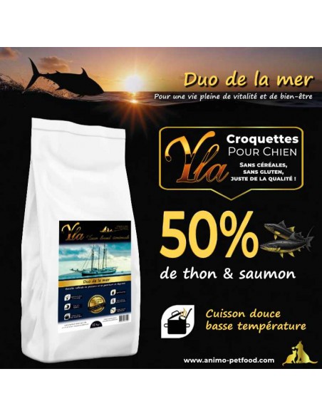 Croquettes hypoallergéniques au thon et saumon, formulées pour réduire les irritations cutanées des chiens.