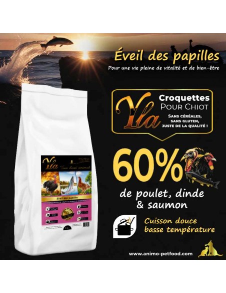 Croquettes hypoallergéniques au poulet, dinde et saumon pour chiots, sans céréales et idéales pour une digestion délicate