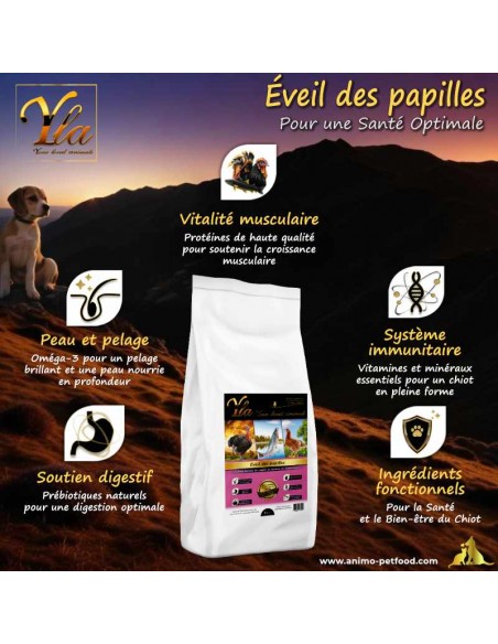 Croquettes sans céréales pour chiots sensibles, adaptées aux allergies alimentaires et sensibilités digestives.