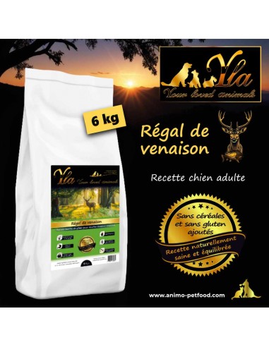 Alimentation naturelle pour chien sensible, recette venaison et saumon, sans céréales