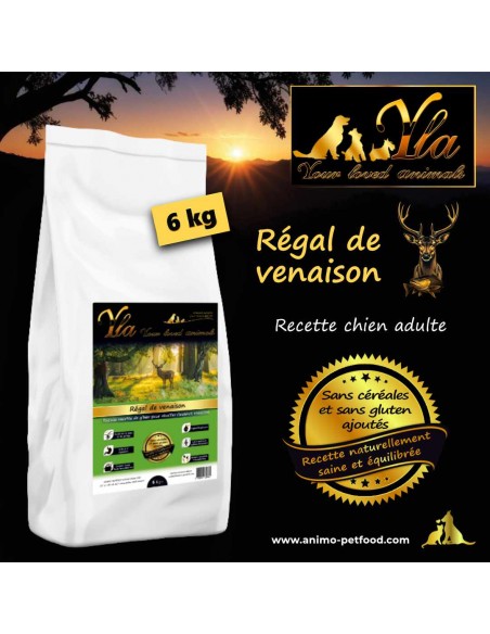 Alimentation naturelle pour chien sensible, recette venaison et saumon, sans céréales