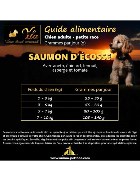 Quantités journalières recommandées de croquettes au saumon d’Écosse pour chien adulte de petite taille.