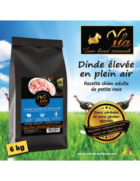 Alimentation naturelle sans céréales pour petit chien adulte, à base de dinde, pour une digestion saine et un pelage brillant.