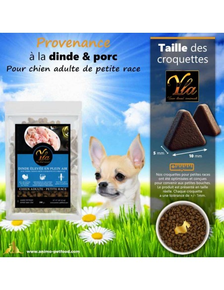 Croquettes sans céréales pour petit chien adulte, à la dinde et porc.
