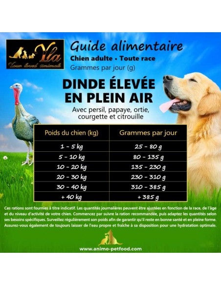 Tableau guide d’alimentation croquettes dinde pour chien adulte – dosage par poids corporel