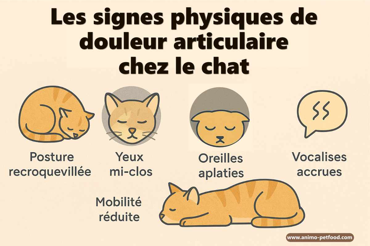 signes physiques de douleur articulaire chez le chat : posture recroquevillée, yeux mi-clos, oreilles aplaties, mobilité réduite, vocalisations accrues.