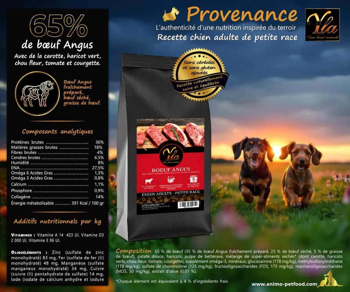 Composition nutritionnelle des croquettes au bœuf Angus pour chien adulte de petite race avec valeurs analytiques et ingrédients.