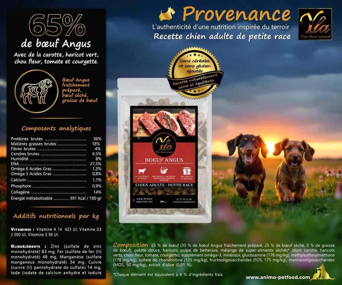 Tableau des composants et ingrédients des croquettes au bœuf Angus pour petit chien adulte, avec analyse nutritionnelle complète.