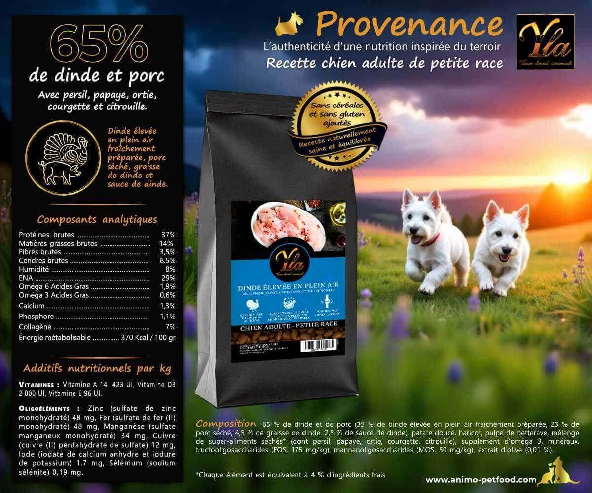 Valeurs nutritionnelles croquettes à la dinde et porc pour chien adulte de petite taille, recette sans céréales.