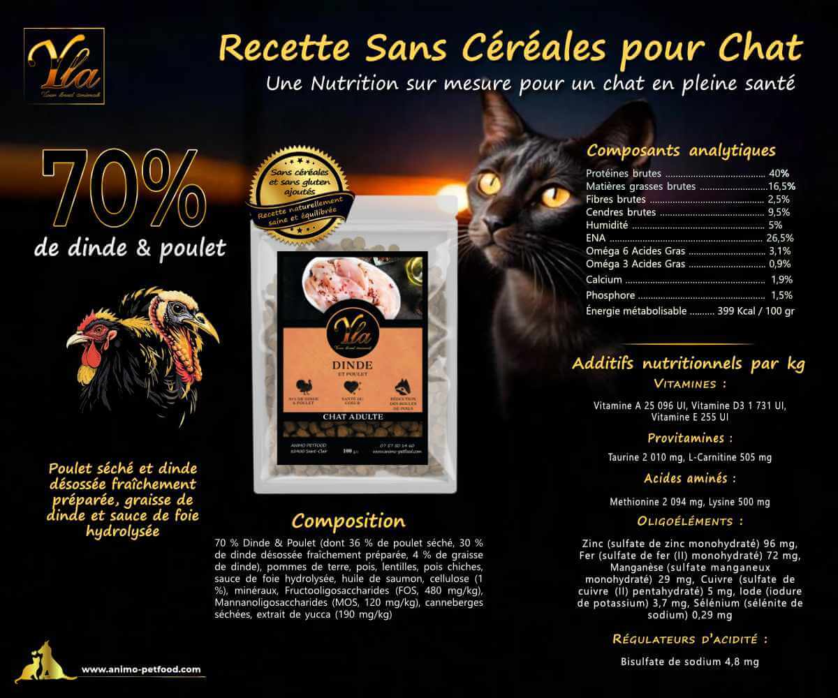 Composition des croquettes sans céréales Dinde & Poulet pour chat adulte – Ingrédients naturels et nutrition équilibrée.
