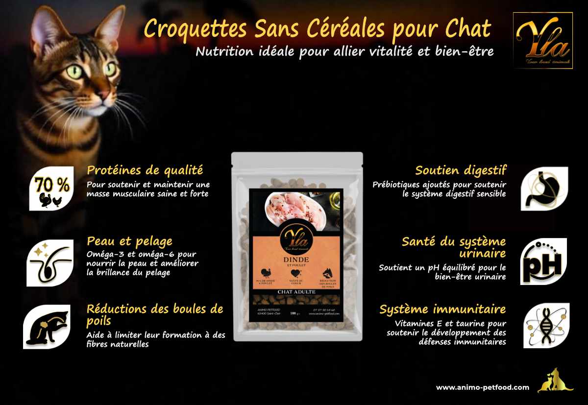Croquettes hypoallergéniques Dinde & Poulet pour chats sensibles – Haute digestibilité et nutrition optimisée.