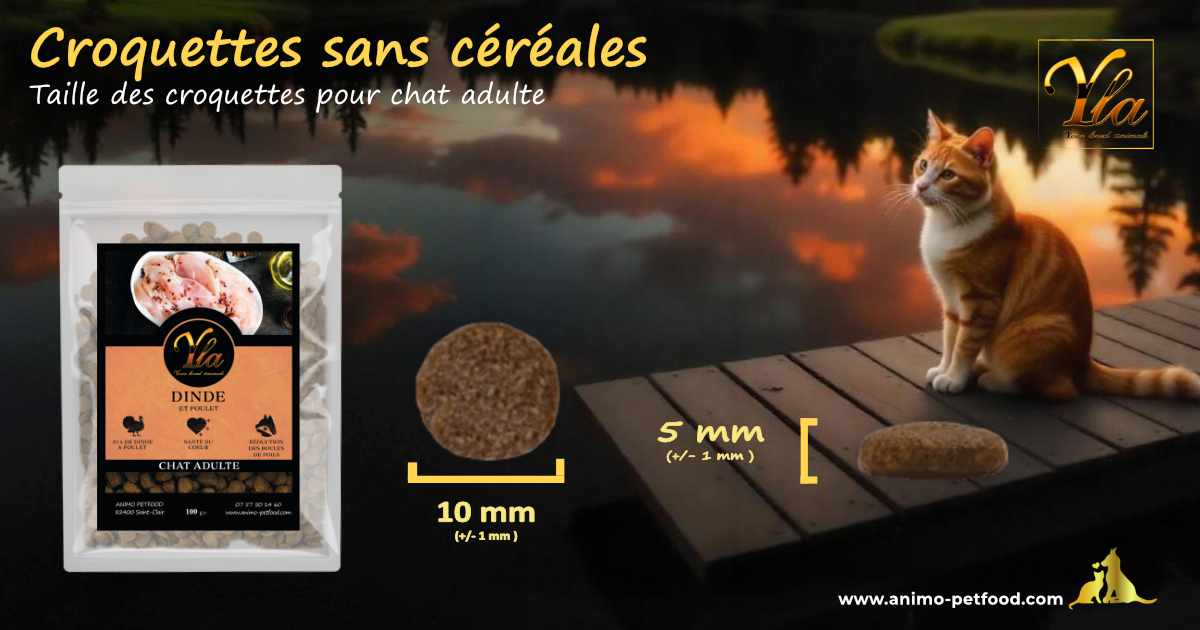 Forme et taille des croquettes Dinde & Poulet pour chats adultes – Adaptées à la mastication et à la digestion.