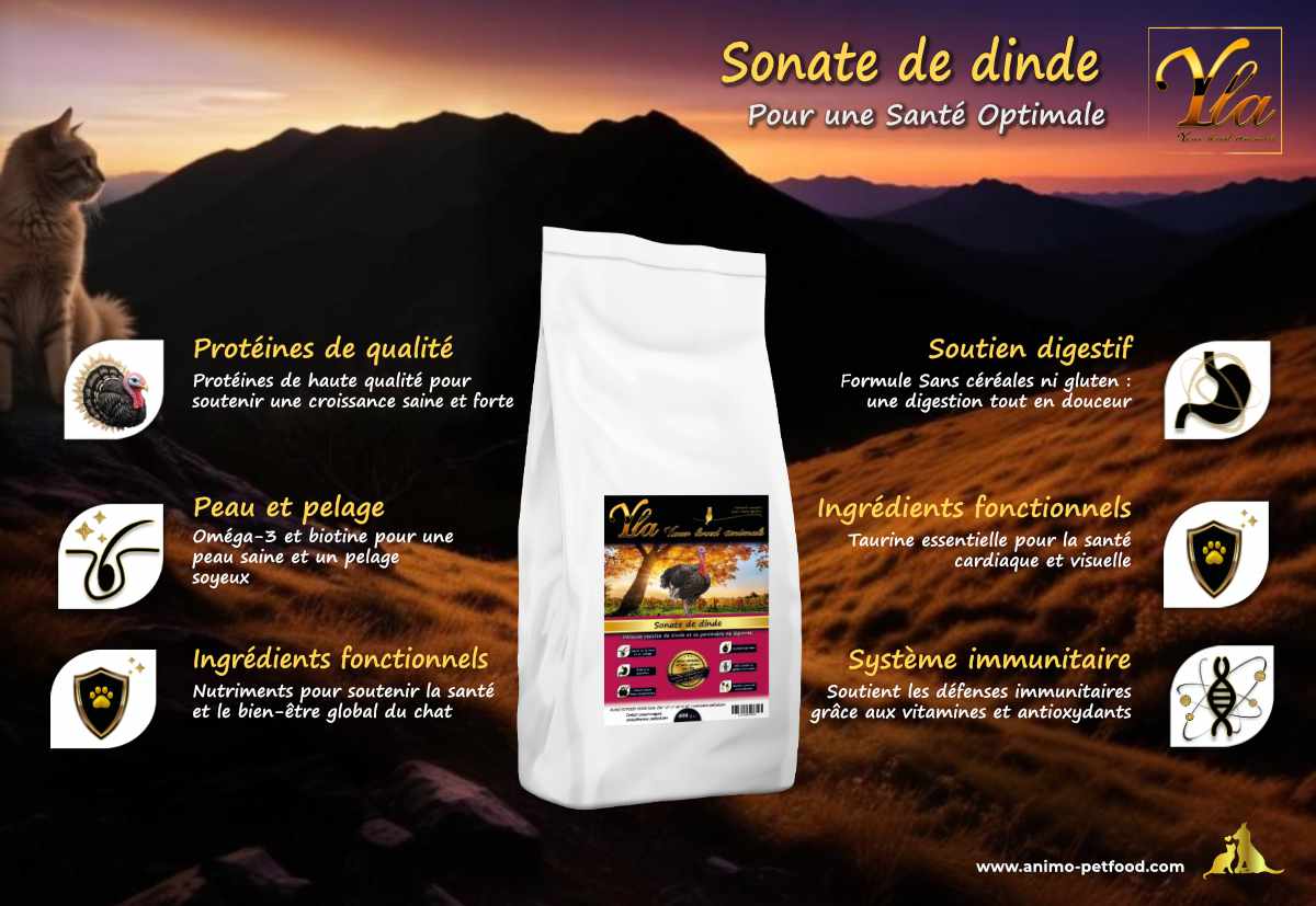 Recette hypoallergénique pour chats adultes avec protéines de dinde et compléments nutritionnels pour une digestion facile.